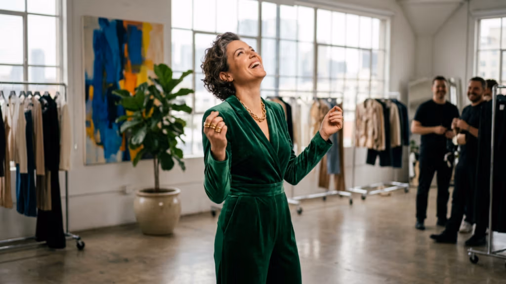 A professional DSLR editorial photograph captured with a 50mm f/1.8 lens, rendering a sharp focus on a laughing woman in a well-lit, industrial loft studio. The subject, a woman with stylish, textured salt-and-pepper hair, radiates joy, her head tilted back, capturing a candid, authentic moment. She wears a tailored, deep emerald green velvet jumpsuit that hugs her frame, accented by a chunky gold chain necklace and matching gold rings that catch the ambient light. The scene is illuminated by natural, soft-diffused light from large floor-to-ceiling studio windows, creating a flattering, gentle highlight across her skin and accentuating the rich, light-absorbing texture of the velvet. The background features a blurred, high-ceilinged atelier with clothing racks, a potted fiddle-leaf fig, and an abstract colorful canvas, evoking a sophisticated, creative fashion-industry atmosphere. The image quality is crisp, mimicking high-end 4K commercial photography with a shallow depth of field that keeps the subject as the definitive focal point while the background crew remains softly out of focus.