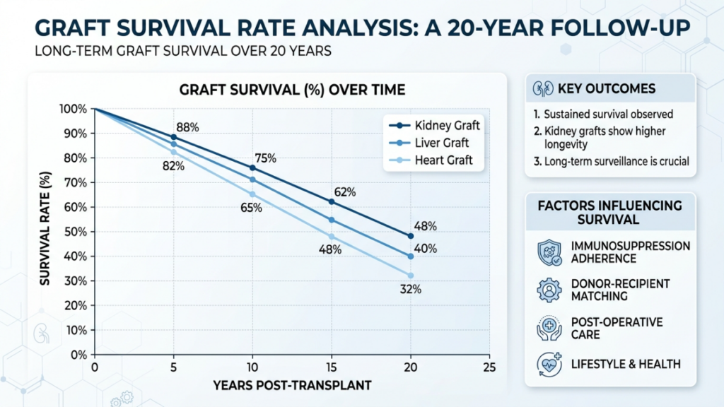 A clean, professional medical infographic titled 'Graft Survival Rate Analysis: A 20-Year Follow-Up'. The central element is a line chart showing the survival percentages for kidney, liver, and heart grafts over two decades. The kidney graft shows the highest long-term survival, followed by liver and heart. To the right, a 'Key Outcomes' section highlights sustained survival and the importance of surveillance, alongside a 'Factors Influencing Survival' list including immunosuppression adherence, donor-recipient matching, post-operative care, and lifestyle factors. The design is modern, clinical, and data-driven with a cool-toned blue and white color palette, set against a subtle, geometric hexagonal patterned background.