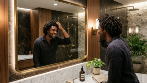 Une photographie haute résolution, de style éditorial, prise avec un objectif 35 mm, évoquant la netteté et la profondeur d'une photographie reflex numérique professionnelle. La composition met en scène un bel homme aux dreadlocks foncées et texturées, se reflétant dans un grand miroir élégant aux contours dorés, au sein d'une salle de bains luxueuse et moderne. L'éclairage, sophistiqué et chaleureux, utilise des LED intégrées derrière le cadre du miroir et des appliques murales d'ambiance, projetant des ombres douces et flatteuses qui soulignent les contours de son visage et sa posture décontractée. Il porte une chemise à carreaux bleu marine foncé, confectionnée dans un textile doux au toucher, pour une esthétique raffinée et décontractée. Sa peau, d'apparence naturelle et saine, capte la subtile luminosité de la lumière ambiante. L'arrière-plan, véritable modèle de design haut de gamme, présente des murs en marbre foncé poli, des boiseries riches et un mur d'accent en pierre apparente, agrémenté d'une végétation luxuriante, contribuant à une atmosphère de luxe contemporain et serein.