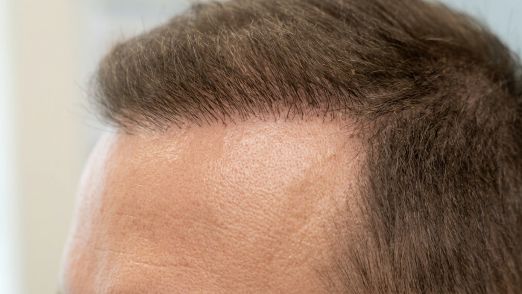 A high-resolution, extreme close-up macro photograph focusing on a male hairline restoration result, captured with a professional DSLR and a 100mm macro lens to emphasize medical precision. The lighting is clinical and soft-diffused, ensuring even illumination across the forehead to highlight the natural follicular density and the seamless integration of grafted hairs along the scalp line. The skin texture is rendered with hyper-realistic detail, showcasing natural pores and healthy dermal characteristics. The composition is a technical, focused shot typical of dermatological or aesthetic editorial photography, highlighting the meticulously placed hairline against the man's natural hair texture, with a shallow depth of field that keeps the focus strictly on the successful graft progression.