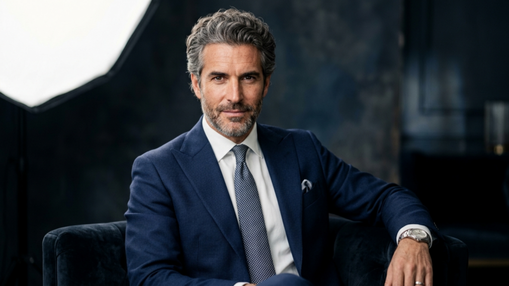 A professional editorial portrait featuring a sophisticated middle-aged man with silver-flecked, thick hair and a well-groomed salt-and-pepper beard. Captured with an 85mm portrait lens, the image exhibits the crisp sharpness and shallow depth of field characteristic of high-end DSLR photography. The lighting is masterfully orchestrated with a soft, diffused key light from the side, creating elegant contours and soft shadows across his sharp facial features, emphasizing his dignified expression. He is dressed in a structured, deep navy-blue tailored wool suit, paired with a crisp white dress shirt and a subtle, micro-patterned silk tie. A hint of a pocket square adds a refined touch, while a polished luxury timepiece on his wrist glints subtly. His skin texture is rendered with photorealistic clarity, showcasing natural pores and healthy luminescence. He is seated in a plush, dark velvet armchair, positioned against a moody, deep-toned, abstract textured background that evokes an atmosphere of executive luxury and composed authority.