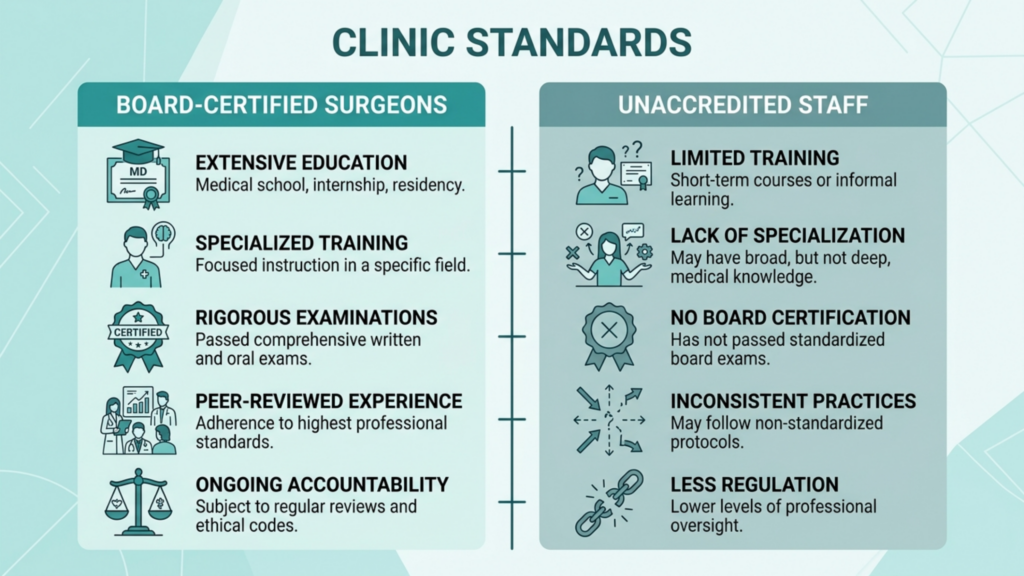 An educational infographic titled 'CLINIC STANDARDS' presented in a clean, professional vector style. The image is a split-comparison chart against a light mint-green geometric background. The left column, headed 'BOARD-CERTIFIED SURGEONS' in a solid teal box, features five icons representing extensive education, specialized training, rigorous board examinations, peer-reviewed experience, and ongoing accountability. The right column, headed 'UNACCREDITED STAFF' in a grey box, displays five contrasting icons representing limited training, lack of specialization, absence of board certification, inconsistent practices, and less regulation. The design uses a minimalist iconography set with a cohesive color palette of teals, greys, and whites, focusing on clarity, corporate authority, and medical professionalism.