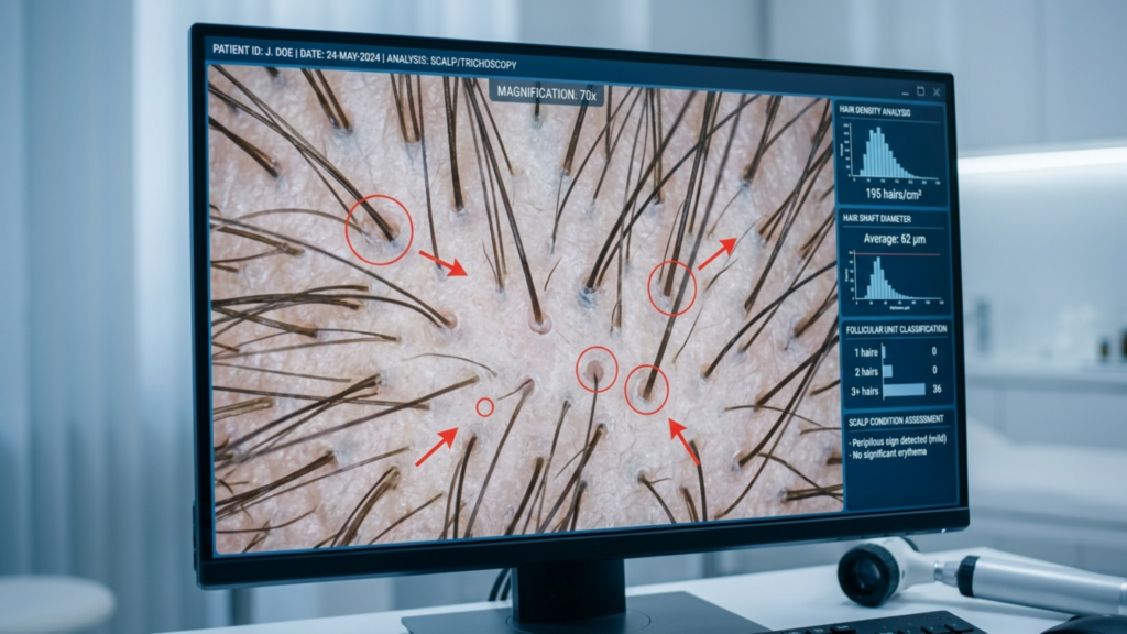 A clinical-grade digital display showcases a high-magnification (70x) trichoscopy analysis of a human scalp. Captured with the precision of a medical-grade macro lens, the image exhibits extreme detail, revealing individual hair follicles, hair shaft diameters, and epidermal texture. The lighting is sterile, cool-toned, and diffuse, characteristic of a professional medical environment, eliminating harsh shadows to prioritize diagnostic clarity. The UI overlay provides technical data, including hair density statistics, follicular unit classification, and a scalp condition assessment, presented in a clean, high-resolution graphical interface. The background is a softly blurred, clinical examination room, reinforcing the theme of lüks medical technology and precise dermatological evaluation. No human subject is present; the focus is entirely on the diagnostic hardware and data-driven analysis.