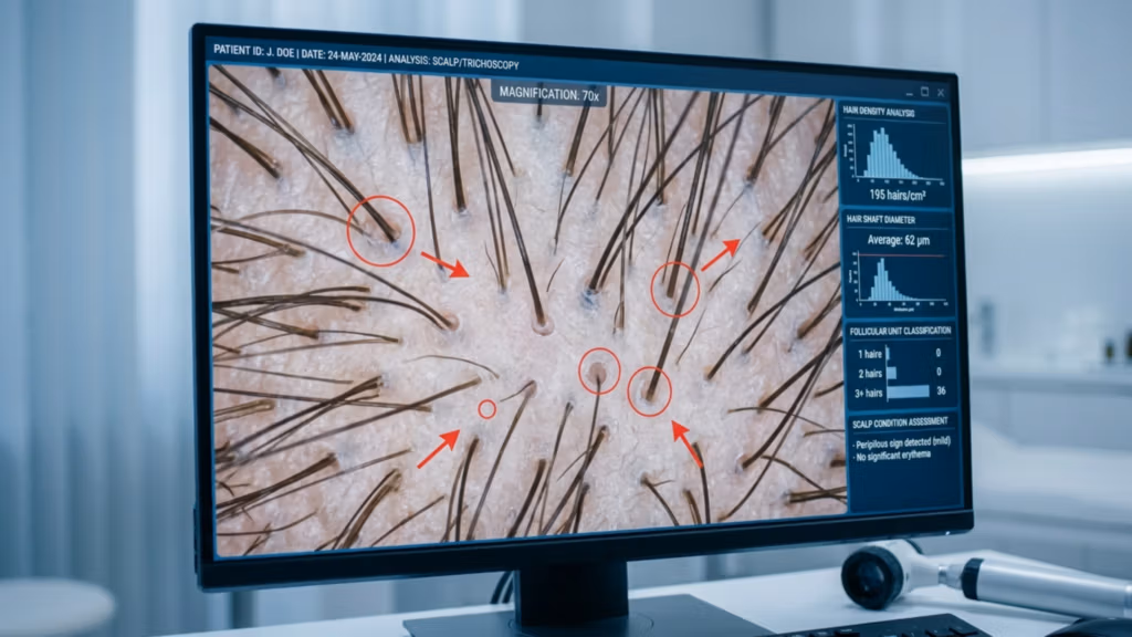 تعرض شاشة رقمية عالية الدقة تحليلًا دقيقًا (70x) لفروة رأس بشرية باستخدام مجهر الشعر. تُظهر الصورة، الملتقطة بدقة عدسة ماكرو طبية، تفاصيل دقيقة للغاية، كاشفةً عن بصيلات الشعر الفردية، وأقطار جذع الشعرة، وملمس البشرة. الإضاءة معقمة، باردة اللون، ومنتشرة، وهي سمة مميزة للبيئة الطبية الاحترافية، مما يُزيل الظلال الحادة لتعزيز وضوح التشخيص. توفر واجهة المستخدم بيانات فنية، تشمل إحصائيات كثافة الشعر، وتصنيف وحدات البصيلات، وتقييم حالة فروة الرأس، معروضة في واجهة رسومية واضحة وعالية الدقة. الخلفية عبارة عن غرفة فحص سريري ضبابية قليلاً، مما يعزز فكرة تقنية لوكس الطبية والتقييم الجلدي الدقيق. لا يوجد أي شخص متطوع في الصورة؛ فالتركيز مُنصب بالكامل على أجهزة التشخيص والتحليل القائم على البيانات.
