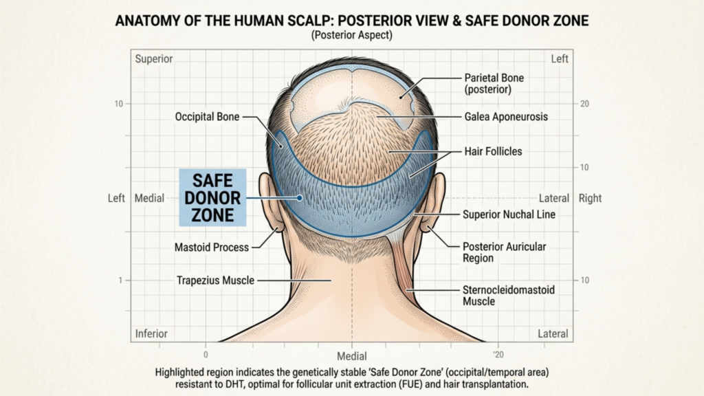 A clinical, high-resolution anatomical illustration presented in an editorial style, displaying a posterior view of the human scalp and neck on a clean, grid-lined background. The visual focus is on the 'Safe Donor Zone' for hair transplantation, rendered with surgical precision and clear, professional labeling. The lighting is bright and even, mimicking a medical study environment, with sharp lines defining the anatomical structures, including the occipital bone, galea aponeurosis, and surrounding neck musculature like the trapezius and sternocleidomastoid. The color palette is professional and subdued, featuring soft skin tones contrasted against clinical blue highlighting the donor region, presented with the clarity and detail expected of high-end medical educational media.
