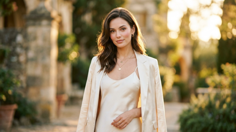 A professional, editorial-style medium shot of a woman captured with an 85mm portrait lens, featuring high-resolution DSLR quality with a shallow depth of field. The subject is bathed in warm, ethereal golden-hour backlighting that creates a soft halo effect around her hair, while natural, diffused light gently contours her facial features and slender, elegant silhouette. Her skin appears luminous and flawless with a natural glow. She is dressed in a sophisticated cream-colored silk satin slip dress layered under a structured matching blazer, accessorized with delicate gold pendant necklaces and a simple ring, exuding understated luxury. The background is a soft-focus, sun-drenched Mediterranean-inspired architectural garden, creating a warm, romantic, and upscale atmosphere.