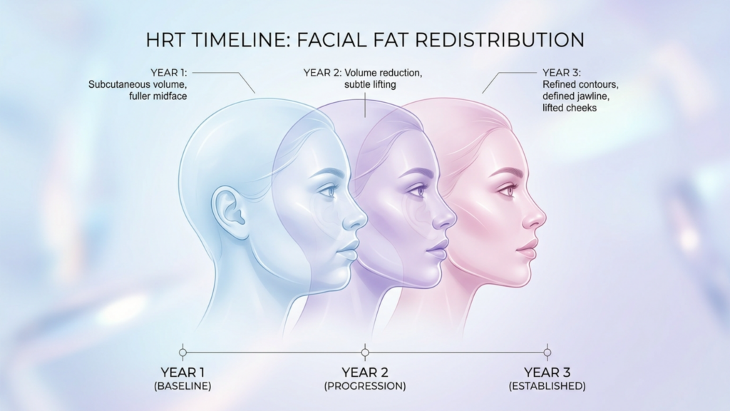A professional medical infographic titled 'HRT TIMELINE: FACIAL FAT REDISTRIBUTION' presented in a clean, clinical, and high-fidelity 4K digital illustration style. The composition features three side-profile silhouettes of a human head, transitioning from blue to violet to soft pink, illustrating the biological evolution of facial fat redistribution over three years of Hormone Replacement Therapy. The lighting is soft and diffused, creating a serene, luminescent aesthetic that emphasizes refined jawlines and lifted cheekbones. The anatomy is stylized with smooth, clean lines, devoid of skin texture, sweat, or clothing, focusing entirely on skeletal and soft tissue changes. The background is a minimalist, abstract gradient, reinforcing a clean, modern clinical atmosphere suitable for a medical aesthetic context. The text is sharp and sans-serif, marking the progression from 'Baseline' to 'Established' with clear instructional labels.