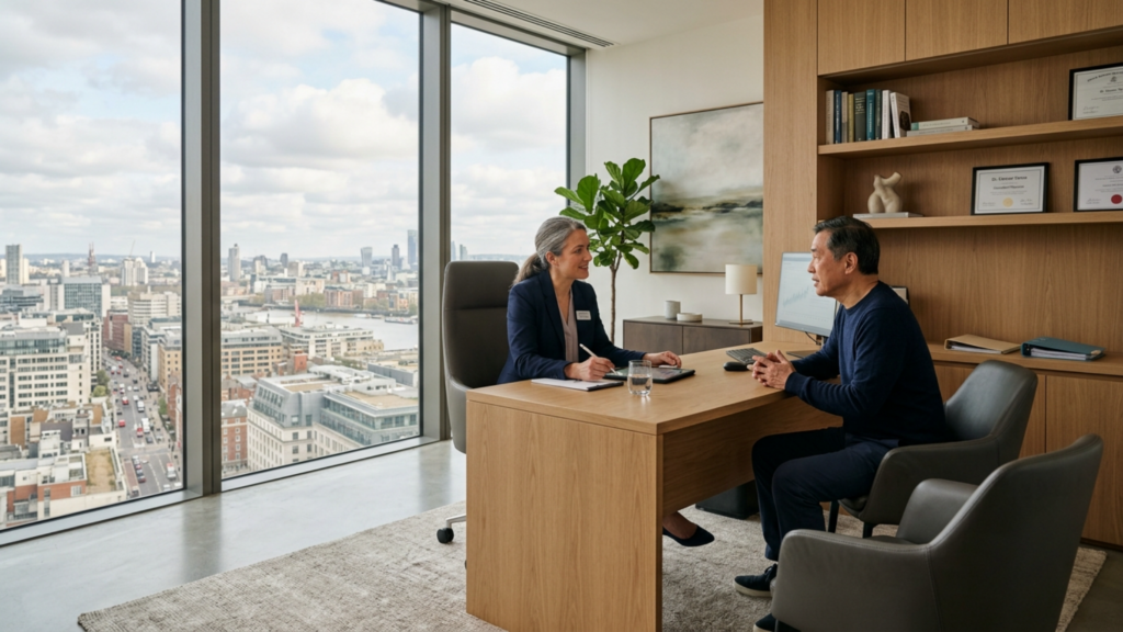 A professional editorial photograph captures a consultation in a high-rise office. Shot with a 35mm wide-angle lens, the image displays crisp DSLR quality. The scene is illuminated by soft, natural ambient daylight streaming through floor-to-ceiling windows, creating a serene, balanced atmosphere without harsh shadows. In the frame, a female consultant with tied-back silver-toned hair, wearing a sharp navy blazer, sits at a minimalist light oak desk, engaging with an older Asian male patient dressed in a casual dark blue sweater. The subjects are posed in a natural, professional dialogue. The focus is sharp on the interaction, while the background features a modern, clean interior with a wooden shelving unit containing books and framed certificates, alongside an abstract landscape painting. The composition evokes a sense of corporate sophistication and clinical luxury, with the vast cityscape visible outside reinforcing a premium, high-altitude setting.