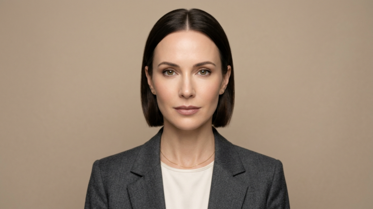 A professional editorial portrait featuring a woman with a sleek, center-parted bob hairstyle, captured in 4K DSLR quality using an 85mm portrait lens to achieve a flattering, compressed perspective. The lighting is soft and diffused, creating a clean, high-end studio aesthetic with subtle, natural shadows that gently contour her facial features. She displays a composed, authoritative expression with a direct, steady gaze. Her skin is rendered with a smooth, refined texture, exhibiting a soft, healthy luminescence without excessive shine or moisture. She is dressed in a structured, charcoal-grey wool-blend blazer layered over a simple, minimalist cream-colored top, complemented by a delicate gold chain necklace. The background is a solid, neutral beige tone, emphasizing a clean, corporate-luxurious atmosphere that keeps the focus entirely on her polished, modern aesthetic.