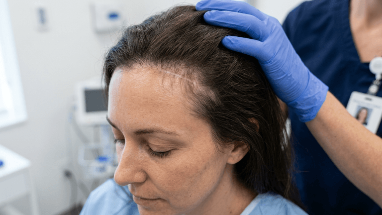 A clinical, high-resolution DSLR photograph captured with a sharp 85mm macro lens, focusing on the scalp of a female patient undergoing a medical examination. The lighting is bright, even, and clinical, characteristic of a professional medical setting, eliminating harsh shadows to highlight the skin and hair texture with pristine clarity. The subject, a woman with dark hair, remains composed as a healthcare professional wearing blue medical scrubs and nitrile gloves gently touches her scalp, drawing attention to a fine, post-procedural scar near the hairline. The composition is a tight, medium-close shot that emphasizes professional precision and sterile hygiene. In the background, softly blurred medical equipment maintains the clinical, aesthetic atmosphere, while the focus remains firmly on the delicate interaction between the examiner's gloved hand and the patient's scalp, showcasing subtle skin textures and hair follicle details in 4K resolution.