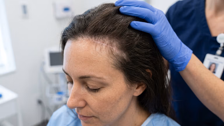 Una fotografia clinica ad alta risoluzione, scattata con una reflex digitale e un obiettivo macro da 85 mm, che mette a fuoco il cuoio capelluto di una paziente durante una visita medica. L'illuminazione è brillante, uniforme e asettica, tipica di un ambiente medico professionale, eliminando le ombre nette per evidenziare la texture della pelle e dei capelli con una nitidezza impeccabile. La paziente, una donna dai capelli scuri, rimane composta mentre un operatore sanitario, con indosso una divisa blu e guanti in nitrile, le tocca delicatamente il cuoio capelluto, attirando l'attenzione su una sottile cicatrice post-operatoria vicino all'attaccatura dei capelli. La composizione è un primo piano ravvicinato che enfatizza la precisione professionale e l'igiene sterile. Sullo sfondo, le apparecchiature mediche leggermente sfocate mantengono l'atmosfera clinica ed estetica, mentre l'attenzione rimane saldamente focalizzata sulla delicata interazione tra la mano guantata dell'esaminatore e il cuoio capelluto della paziente, mostrando le sottili texture della pelle e i dettagli dei follicoli piliferi in risoluzione 4K.