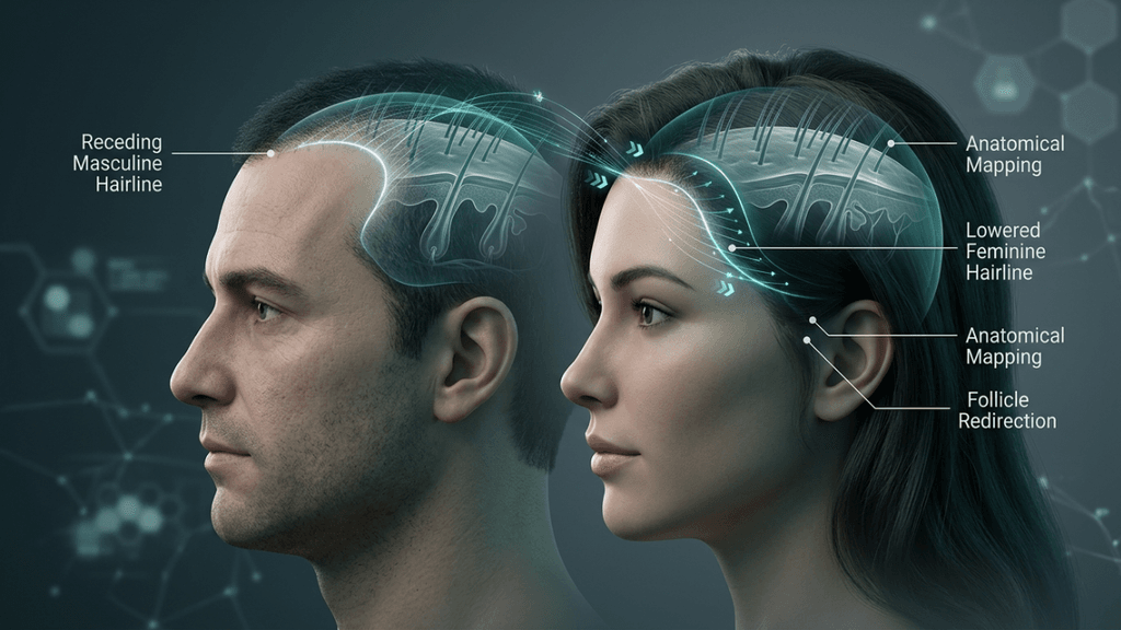 A high-resolution, medical-grade digital illustration showcasing hairline feminization. The composition features two profiles in a side-by-side comparison: on the left, a masculine profile with a receding hairline; on the right, a feminine profile with a lowered, rounded hairline. The aesthetic is clean, clinical, and high-tech, characterized by 4K digital precision. Soft, diffuse lighting highlights the facial contours and skin texture, which appears smooth and matte with subtle bioluminescent digital overlays showing 'Anatomical Mapping' and 'Follicle Redirection.' The background is a deep, muted teal with ethereal, interconnected data-node graphics, evoking a sophisticated, futuristic scientific atmosphere. There are no clothes or heavy textures; the focus remains strictly on anatomical accuracy and the technical visualization of hair restoration processes.