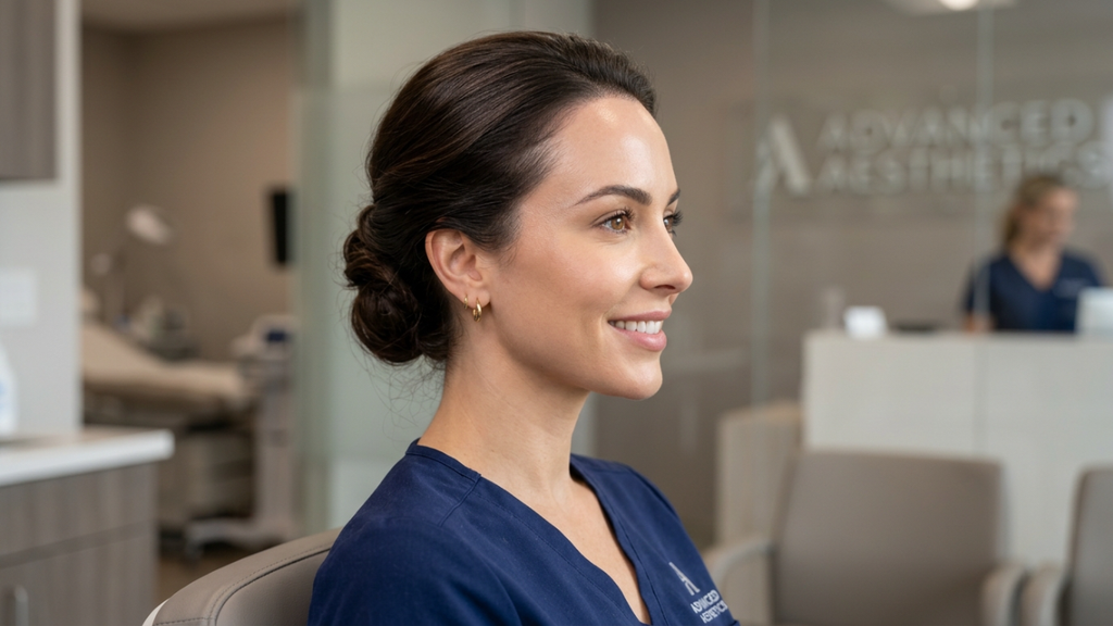 A close-up shot of a patient before their hairline lowering procedure at Advanced Aesthetics clinic, showing her natural forehead height and facial contours.