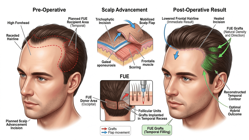 A highly detailed medical infographic illustrating a hair restoration procedure, specifically combining scalp advancement and FUE (Follicular Unit Extraction) techniques. The composition features a clean, professional clinical style with three distinct sections: the 'Pre-Operative' view showing a male face with a receded hairline and marked surgical planning, a 'Scalp Advancement' diagram detailing the anatomical layers of the scalp and flap mobilization, and the 'Post-Operative Result' demonstrating the restored, natural-looking hairline and temporal filling. A sub-section 'FUE' clarifies the extraction process from the donor area. The imagery is rendered with high-fidelity digital illustration techniques, utilizing soft, balanced studio-quality lighting that highlights facial contours and anatomical depth. The color palette is sterile and informative, set against a crisp white background, emphasizing clarity and precision in medical education.