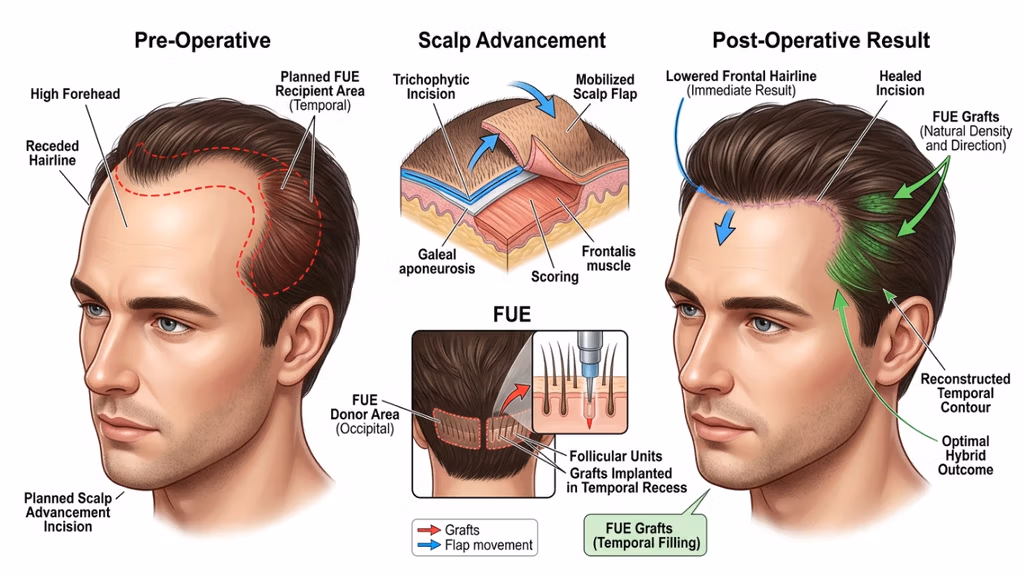 رسم بياني طبي مفصل للغاية يوضح إجراءً لزراعة الشعر، يجمع تحديدًا بين تقنيتي شد فروة الرأس واستخراج وحدة البصيلات (FUE). يتميز التصميم بأسلوب سريري احترافي أنيق، ويتألف من ثلاثة أقسام رئيسية: قسم "ما قبل العملية" الذي يُظهر وجه رجل يعاني من انحسار خط الشعر وتخطيط جراحي واضح، وقسم "شد فروة الرأس" الذي يُفصّل طبقات فروة الرأس التشريحية وتحريك السديلة، وقسم "نتيجة ما بعد العملية" الذي يُظهر خط الشعر المستعاد بمظهر طبيعي، بالإضافة إلى ملء منطقة الصدغ. يُوضح قسم "FUE" عملية استخراج البصيلات من المنطقة المانحة. تم تصميم الصور بتقنيات رسم رقمي عالية الدقة، باستخدام إضاءة ناعمة ومتوازنة بجودة الاستوديو تُبرز ملامح الوجه وعمقه التشريحي. تتميز لوحة الألوان بالوضوح والدقة، على خلفية بيضاء ناصعة، مما يُؤكد على الوضوح والدقة في التعليم الطبي.