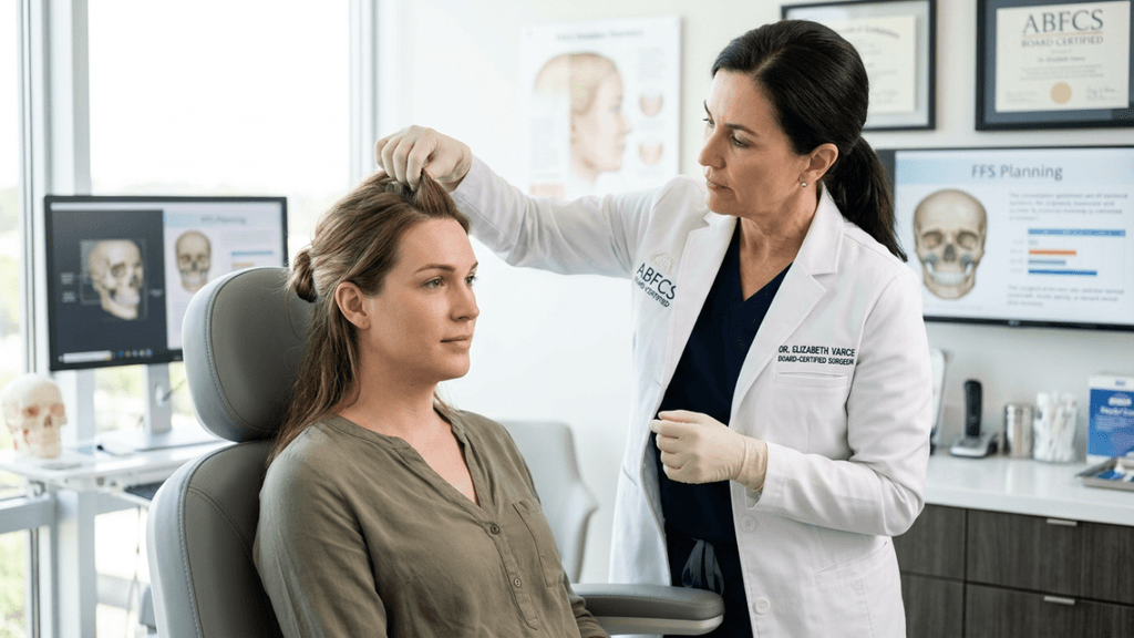 A professional, high-resolution editorial photograph captured with a 50mm lens, conveying the pristine atmosphere of a surgical consultation room. The lighting is bright, soft, and clinical, typical of a professional medical environment, evenly illuminating the subjects to emphasize clarity and precision. A female surgeon, Dr. Elizabeth Varce, dressed in a crisp white medical coat with an embroidered nameplate, is shown mid-consultation, gently adjusting the hair of a patient seated in an ergonomic medical chair. The patient, a woman, displays a calm and composed posture. The skin tones are natural and healthy, rendered with high-fidelity detail showing clean, matte textures. The surgeon wears sterile medical gloves, highlighting the professional context. The background features blurred, soft-focus elements of a modern medical office, including a monitor displaying FFS (Facial Feminization Surgery) planning graphics, a skull model, and framed professional certifications on the wall, creating a sophisticated and trustworthy clinical ambiance. The composition is balanced and focused on the interaction, emphasizing expertise and patient care.