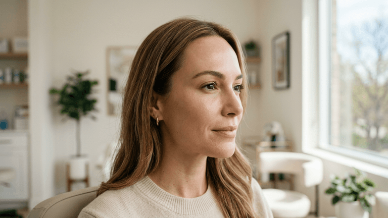 A high-resolution, editorial-style portrait of a woman captured with an 85mm prime lens, exhibiting the sharp focus and creamy bokeh characteristic of professional DSLR photography. Natural, soft-diffused light streams from a large side window, delicately illuminating the contours of her face and highlighting a dewy, radiant complexion. Her expression is serene and contemplative, showcasing a poised, elegant posture. She wears a minimalist, textured beige knit sweater, accessorized with subtle gold hoop earrings. The background features a blurred, light-filled modern interior, creating a clean, sophisticated, and tranquil atmosphere that emphasizes the subject's natural, healthy luminescence.