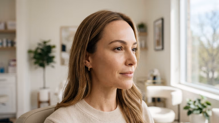 Un ritratto ad alta risoluzione, in stile editoriale, di una donna, scattato con un obiettivo fisso da 85 mm, che mette in mostra la nitidezza e il bokeh cremoso tipici della fotografia professionale con reflex digitali. Una luce naturale e morbida, proveniente da un'ampia finestra laterale, illumina delicatamente i contorni del viso e mette in risalto un incarnato radioso e luminoso. La sua espressione è serena e contemplativa, a testimonianza di una postura composta ed elegante. Indossa un maglione minimalista in maglia beige testurizzata, abbinato a discreti orecchini a cerchio dorati. Lo sfondo, un interno moderno sfocato e luminoso, crea un'atmosfera pulita, sofisticata e tranquilla che enfatizza la naturale e sana luminosità del soggetto.