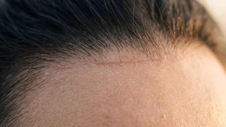 Un primo piano iper-dettagliato, in stile clinico e ultra-macro, che cattura la linea di una cicatrice chirurgica lungo l'attaccatura dei capelli. Scattata con un obiettivo macro da 100 mm, l'immagine mostra un eccezionale livello di dettaglio 8K, evidenziando i singoli follicoli piliferi e la delicata texture leggermente in rilievo del tessuto cicatriziale post-operatorio. L'illuminazione è morbida e diffusa, creando un'estetica neutra e clinica che enfatizza i pori naturali della pelle e la sottile luminescenza del derma. La messa a fuoco è rigorosamente focalizzata sull'intersezione tra pelle e capelli, conferendo un'atmosfera pulita e medicale, priva di abiti o elementi di sfondo, privilegiando la texture biologica e la precisione chirurgica.