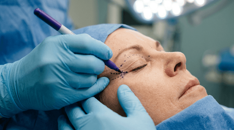 An editorial-style close-up photograph capturing a precision pre-surgical marking process. The image is rendered with the crisp clarity of a high-end DSLR, likely shot with a 100mm macro lens to achieve a shallow depth of field that isolates the intricate details of the procedure. The lighting is clinical and bright, characteristic of a surgical environment, providing even illumination that highlights the natural texture of the patient's skin and the contours of the eyelid area. The patient, a woman, lies composed and still, with surgical markings meticulously traced in black ink onto her eyelid and periocular region, outlining the surgical plan. Her skin texture is rendered with high fidelity, showing natural pores and subtle fine lines, underscoring a sense of clinical realism. The surgeon’s hands, clad in sterile, textured nitrile medical gloves, hold a surgical marker with controlled precision. The attire consists of sterile blue surgical draping, conveying a professional and sanitized aesthetic. The background features a soft, bokeh-blurred surgical lamp, reinforcing the high-tech, medical-industrial atmosphere of a modern operating suite. The composition is tight and focused, emphasizing the intersection of medical expertise and aesthetic refinement.