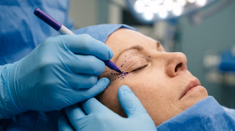 Una fotografia ravvicinata in stile editoriale che cattura un preciso processo di marcatura pre-operatoria. L'immagine è resa con la nitidezza di una reflex digitale di fascia alta, probabilmente scattata con un obiettivo macro da 100 mm per ottenere una ridotta profondità di campo che isola i dettagli intricati della procedura. L'illuminazione è clinica e brillante, tipica di un ambiente chirurgico, e fornisce una luce uniforme che evidenzia la texture naturale della pelle della paziente e i contorni della zona palpebrale. La paziente, una donna, giace composta e immobile, con i segni chirurgici meticolosamente tracciati con inchiostro nero sulla palpebra e sulla regione perioculare, delineando il piano chirurgico. La texture della sua pelle è resa con elevata fedeltà, mostrando i pori naturali e le sottili linee, sottolineando un senso di realismo clinico. Le mani del chirurgo, avvolte in guanti medici sterili in nitrile testurizzato, impugnano un pennarello chirurgico con precisione controllata. L'abbigliamento è costituito da un telo chirurgico blu sterile, che trasmette un'estetica professionale e igienizzata. Lo sfondo presenta una lampada chirurgica con un effetto bokeh morbido, che rafforza l'atmosfera high-tech e medicale-industriale di una moderna sala operatoria. La composizione è compatta e focalizzata, enfatizzando l'incontro tra competenza medica e raffinatezza estetica.