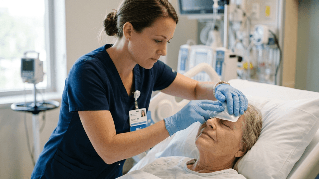 Ein hochauflösendes, im DSLR-Stil aufgenommenes Editorial-Foto mit einem 50-mm-Objektiv zeigt eine Krankenschwester in dunkelblauer Arbeitskleidung, die sich in einer Klinik um einen älteren Patienten kümmert. Das weiche, natürliche Licht, das durch ein nahes Fenster fällt, beleuchtet den konzentrierten Gesichtsausdruck der Krankenschwester und ihre sanften, behandschuhten Hände, während sie dem Patienten einen kühlenden Umschlag auf die Stirn legt. Die Krankenschwester wirkt gefasst und trägt einen Krankenhausausweis und eine Armbanduhr. Der Patient, der entspannt in einem Krankenhausbett liegt, trägt einen hellen OP-Kittel; sein Gesichtsausdruck vermittelt Ruhe und Verletzlichkeit. Im Hintergrund sind verschwommene medizinische Geräte zu sehen, die die Atmosphäre professioneller Pflege und medizinischer Expertise unterstreichen. Das Bild betont die menschliche Verbindung zwischen Pflegekraft und Patient und legt den Fokus auf Details wie die blauen OP-Handschuhe und die Textur der Krankenhauswäsche, die in scharfer Klarheit wiedergegeben sind.