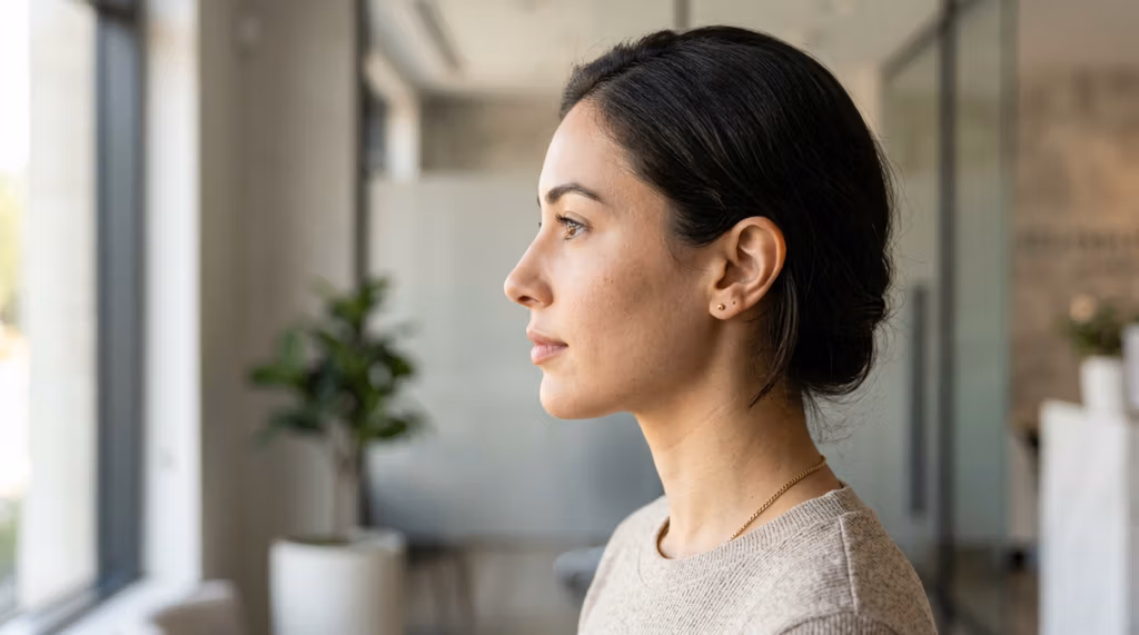 صورة احترافية عالية الدقة، التُقطت بعدسة 85 مم، تُركز على ملامح شابة أنيقة. تتميز الصورة بوضوح فائق يُضاهي كاميرات DSLR، مع عمق مجال ضحل يُضفي نعومة على خلفية المكتب العصري. يدخل ضوء جانبي طبيعي ناعم من نافذة قريبة، مُلقيًا بظلال رقيقة تُبرز جمال ملامح فكها وأنفها. بشرتها طبيعية ونقية، مع لمعة خفيفة تُبرز ملمسها الناعم. ترتدي بلوزة بيج محبوكة بتصميم بسيط، مع قلادة ذهبية رقيقة، تُضفي عليها جوًا من الرقي والهدوء والسكينة. يُؤكد التكوين على حالة من السكينة والتأمل، مُتوازنة تمامًا مع لوحة الألوان المحايدة والنظيفة للبيئة المهنية.