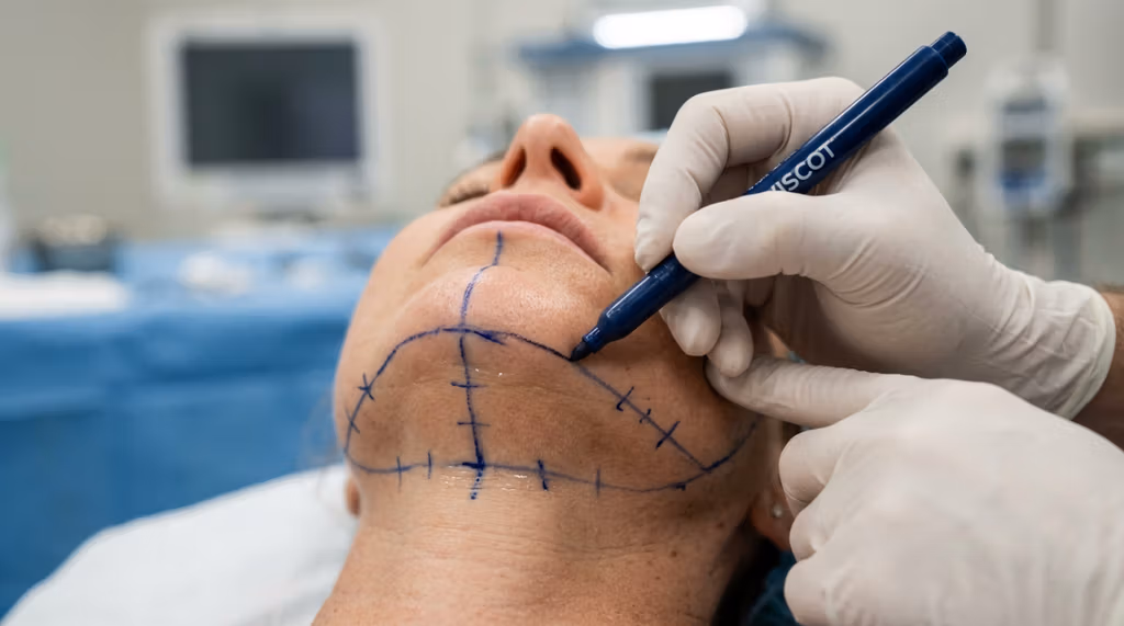 صورة ماكرو سريرية عالية الدقة، مُلتقطة بعدسة 85 مم، تُركز على علامات الوجه قبل العملية الجراحية لمريض. تتميز الصورة بجودة عالية ووضوح فائق، كما هو الحال في التصوير الاحترافي بكاميرات DSLR. إضاءة جراحية علوية ناعمة ومنتشرة تُزيل الظلال الحادة، وتُضيء بشكل متساوٍ نسيج الجلد الطبيعي وخطوط التوجيه الجراحية الدقيقة المرسومة يدويًا بالحبر الأزرق على خط الفك والذقن. يظهر المريض، وهو مستلقٍ على ظهره، ببشرة رطبة طبيعية، حيث تلتقط الكاميرا المسام الدقيقة وحبيبات الجلد. تظهر يد أحد الأطباء، مُرتديةً قفازًا، في المنتصف، وهو يستخدم قلم تحديد جراحي أزرق من نوع "VISCOT" لتحديد منطقة الجراحة بدقة. الخلفية عبارة عن بيئة سريرية معقمة ذات تركيز ناعم، مع معدات جراحية ضبابية وأغطية زرقاء، مما يخلق جوًا طبيًا احترافيًا يُشبه الأفلام الوثائقية الطبية. يبقى التركيز حصريًا على التفاعل بين قلم التحديد الجراحي والجلد والتخطيط الهندسي الدقيق لإجراء تجميلي.