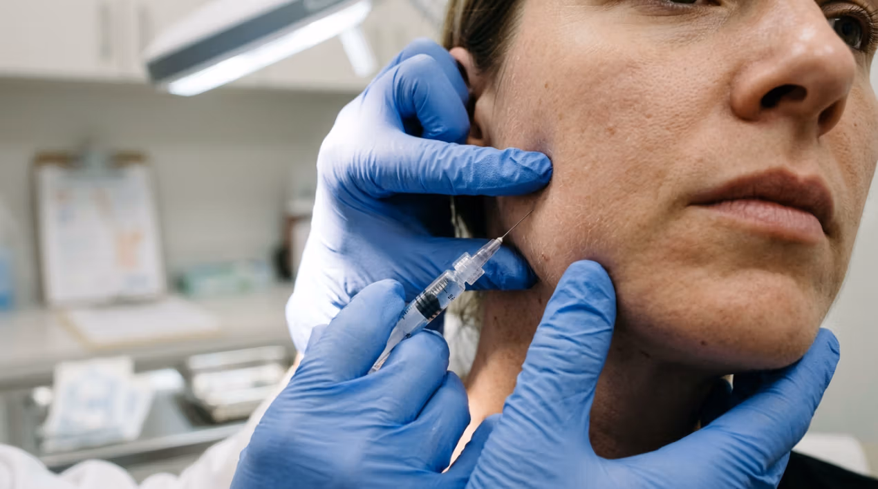 Een hoge resolutie, klinische close-up, vastgelegd met een 100mm macro-objectief, die de professionele esthetische precisie benadrukt. De compositie focust op de gehandschoende handen van een arts in felblauwe nitrilhandschoenen, die met grote precisie een injectie toedient in de kaaklijn van een patiënt. De compositie laat de wisselwerking tussen steriele techniek en anatomische details zien. De belichting is helder en klinisch, kenmerkend voor professionele DSLR-fotografie, met scherpe, zachte schaduwen die de gezichtscontouren van de patiënt definiëren. De huid van de patiënt heeft een natuurlijke textuur, inclusief poriën en subtiele variaties, die haarscherp in beeld zijn gebracht. De achtergrond is een wazige, onscherpe medische praktijk, wat een sfeer van steriele professionaliteit creëert. De algehele esthetiek is er een van schone, uiterst precieze dermatologische zorg, waarbij de fijne naaldpunt, de vloeiende beweging van de spuit en de gecontroleerde druk op de kaaklijn duidelijk zichtbaar zijn.