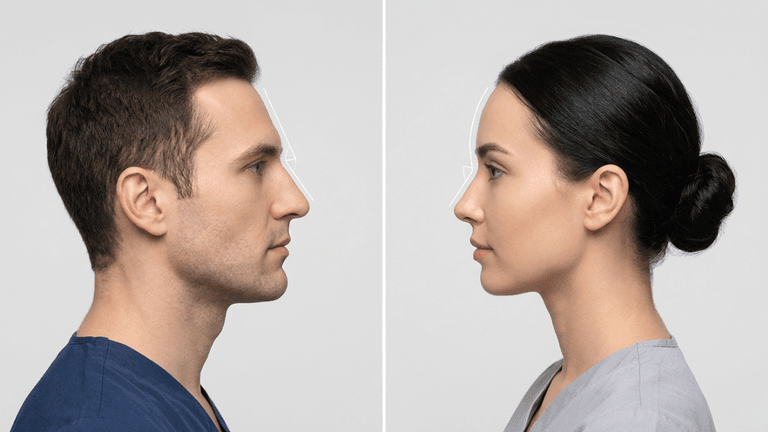 A clinical split-screen portrait featuring a man and a woman in profile view, shot with high-resolution DSLR photography and a sharp 85mm portrait lens. The lighting is soft and even, characteristic of professional medical studio aesthetics, designed to highlight facial contours and structural features without harsh shadows. Both subjects exhibit clean, matte skin textures and neutral expressions, presenting a professional and clinical appearance. The man is dressed in a dark blue V-neck top, while the woman wears a light gray top, set against a minimalist, seamless neutral gray backdrop. Subtle white line overlays trace the bridge and profile of their noses, emphasizing the anatomical focus of the imagery. The overall composition is sterile, balanced, and highly precise, reflecting a medical or cosmetic consultation context.