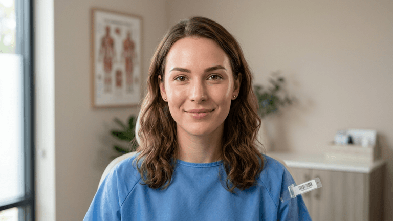A professional, high-resolution portrait captured with an 85mm portrait lens, featuring a woman with a gentle, confident expression. The lighting is soft and diffused, characteristic of a clinical photography aesthetic, emphasizing a natural complexion with a healthy luminescence and subtle skin texture. She is wearing a simple blue patient gown, with a small barcode label visible on the shoulder strap, suggesting a medical or aesthetic clinic setting. The background is slightly out of focus, featuring an anatomical chart and minimalist office decor, creating a clean, professional, and tranquil environment. The image exhibits DSLR-quality clarity, focusing on the subject's face while maintaining a soft, shallow depth of field.