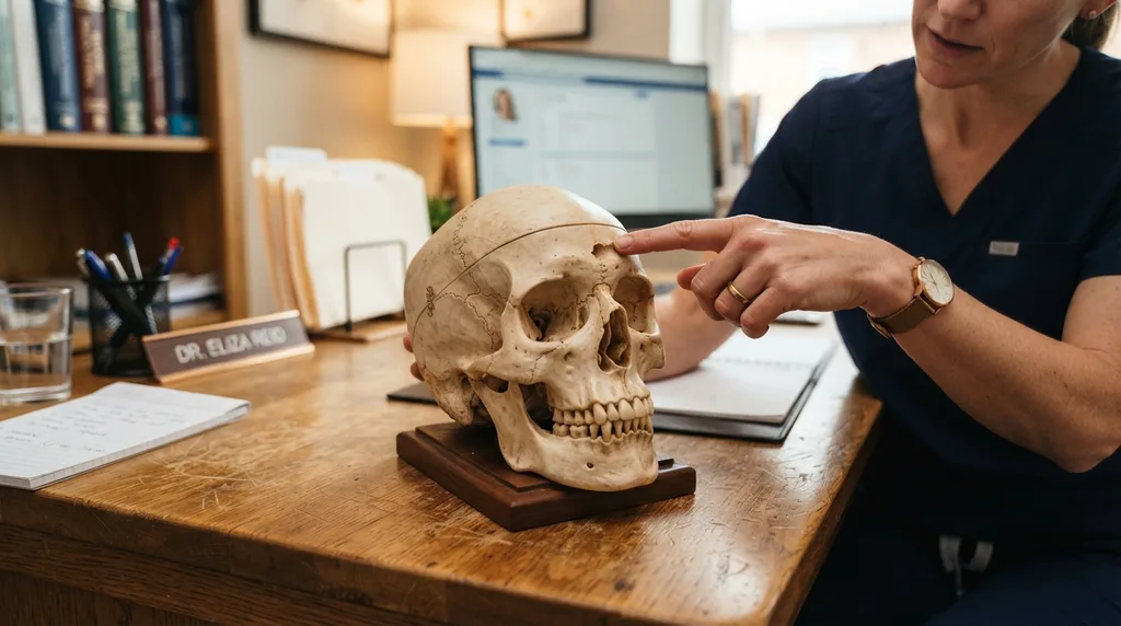 Cirujano plástico señalando la protuberancia frontal y la cresta supraorbitaria en un modelo de cráneo humano para la planificación de la cirugía de feminización facial.