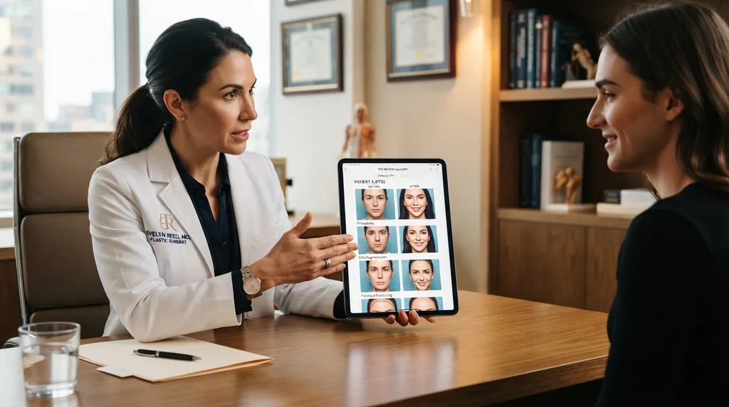 Ein plastischer Chirurg bespricht mit einer Patientin mithilfe eines Tablets die geplanten Operationen zur Gesichtsverweiblichung.