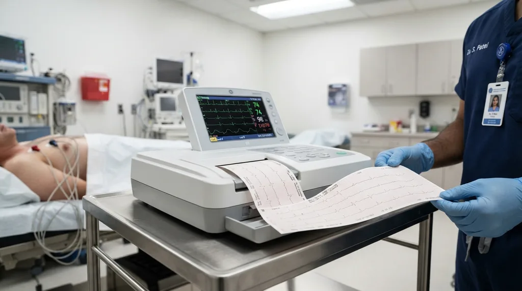 Medizinisches Fachpersonal wertet während der Patientenüberwachung in einer Klinik einen EKG-Telemetriestreifen aus.