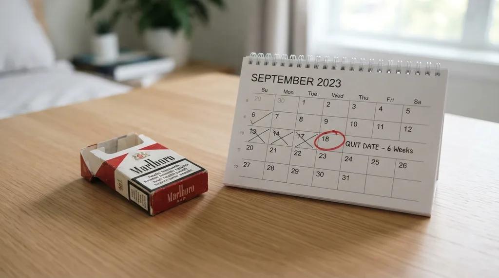 Kalender für September 2023 mit einem eingekreisten Datum für den Rauchstopp neben einer Zigarettenpackung zur präoperativen Planung.