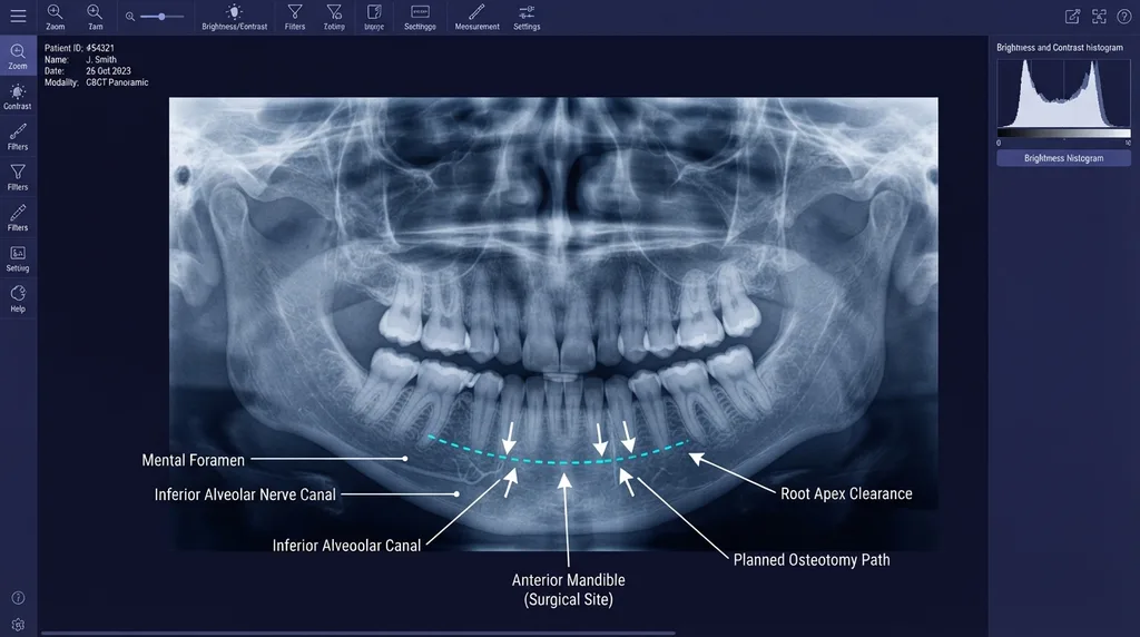 Digitale CBCT-Panoramaaufnahme zur Darstellung der Planung des vorderen Unterkiefers und des Nervus alveolaris inferior für eine Kieferoperation.