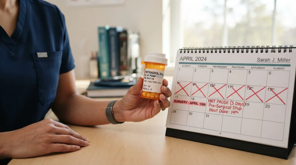 Eine medizinische Fachkraft hält Medikamente zur Hormonersatztherapie neben einen OP-Kalender, um eine Pause zu planen.