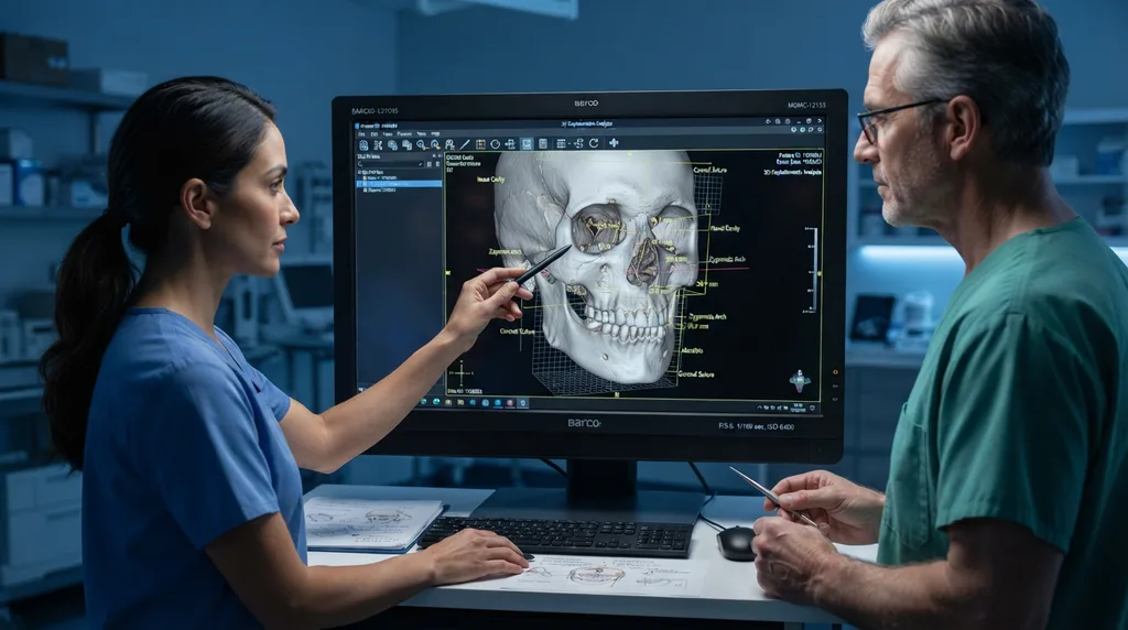 Chirurgen analysieren 3D-CT-Scan-Software für den kraniofazialen Bereich während der FFS-Operationsplanung in der Dr. MFO Klinik.