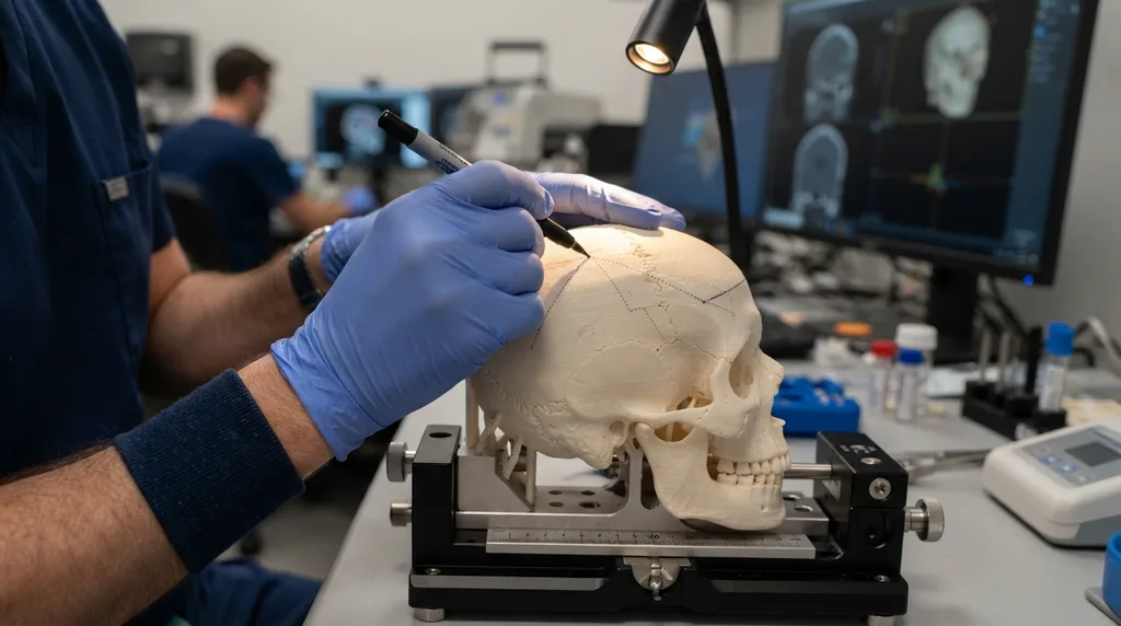 Chirurg markiert Operationsplanungslinien auf einem 3D-gedruckten Schädelmodell für FFS und kraniofaziale Chirurgie.