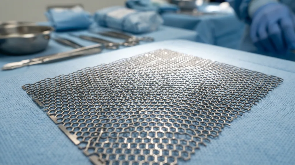 Eine Titan-Netzplatte wird zur strukturellen Rekonstruktion des kraniofazialen Knochens bei Gesichtschirurgie eingesetzt.