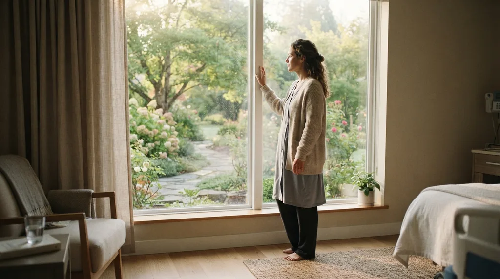 Una paciente se recupera cómodamente tras una cirugía de feminización facial, contemplando las vistas desde una ventana panorámica en la sala de recuperación.