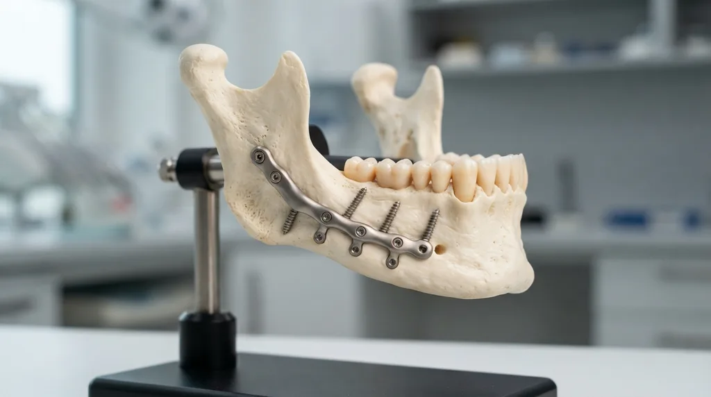 Anatomisches Unterkiefermodell, montiert auf einem Ständer mit einer Rekonstruktionsplatte aus Titan und Knochenschrauben.