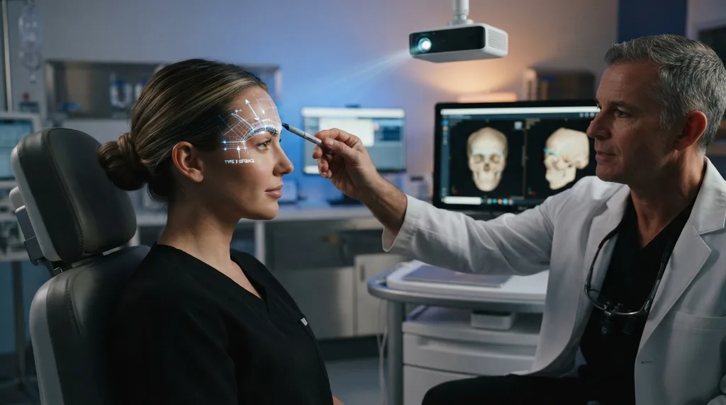 Cirujano que utiliza mapeo de proyección 3D avanzado para un contorneado preciso de la frente y las cejas durante la planificación de la cirugía de feminización facial.