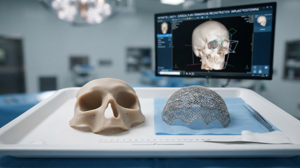 3D printed cranial model and custom titanium mesh implant for reconstructive craniofacial surgery.