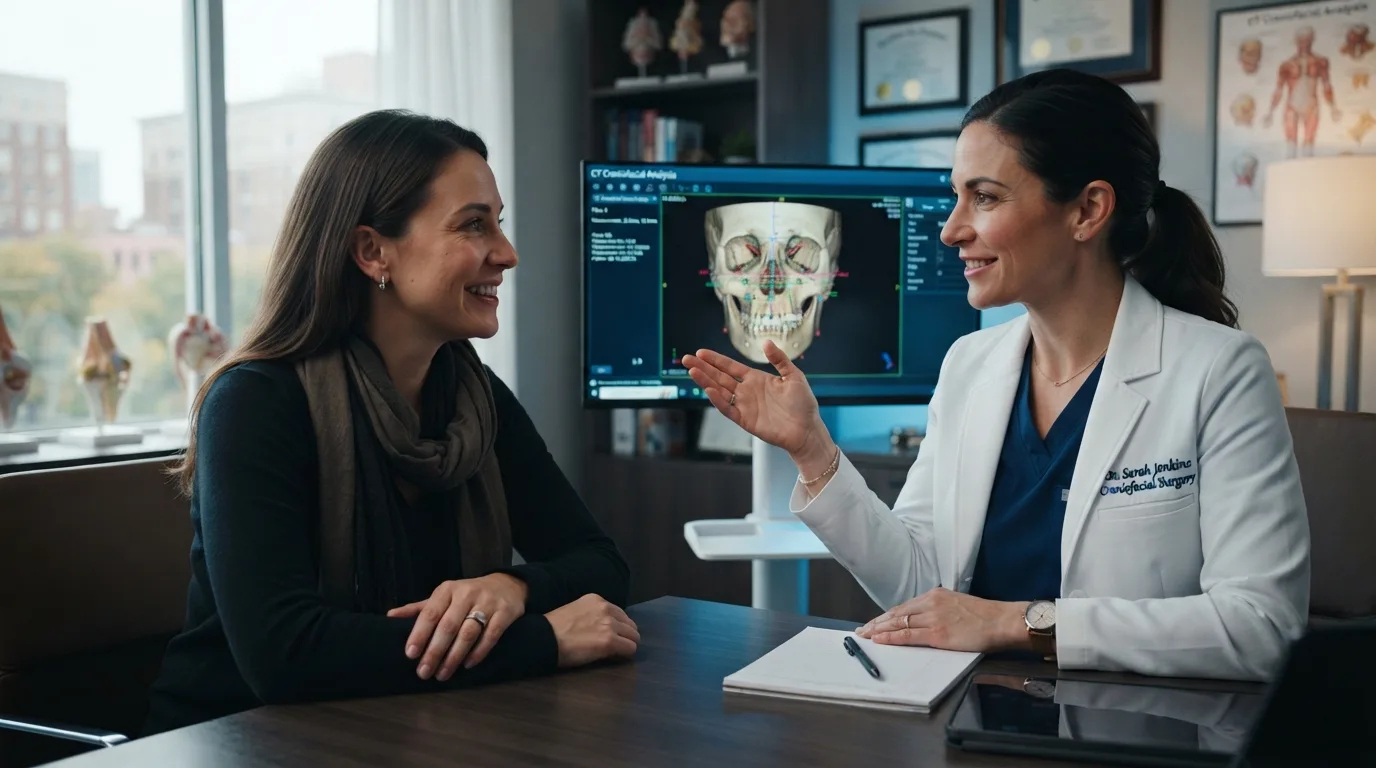 Un médico explica una tomografía computarizada craneal en 3D a un paciente durante una consulta de cirugía craneofacial FFS.