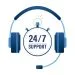 Illustratie van een headset met een timer die 24/7 ondersteuning aangeeft