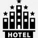 Een zwart-witillustratie van een hotelgebouw met vijf sterren erboven, wat een vijfsterrenhotel voorstelt. Het woord 'HOTEL' staat prominent onderaan.